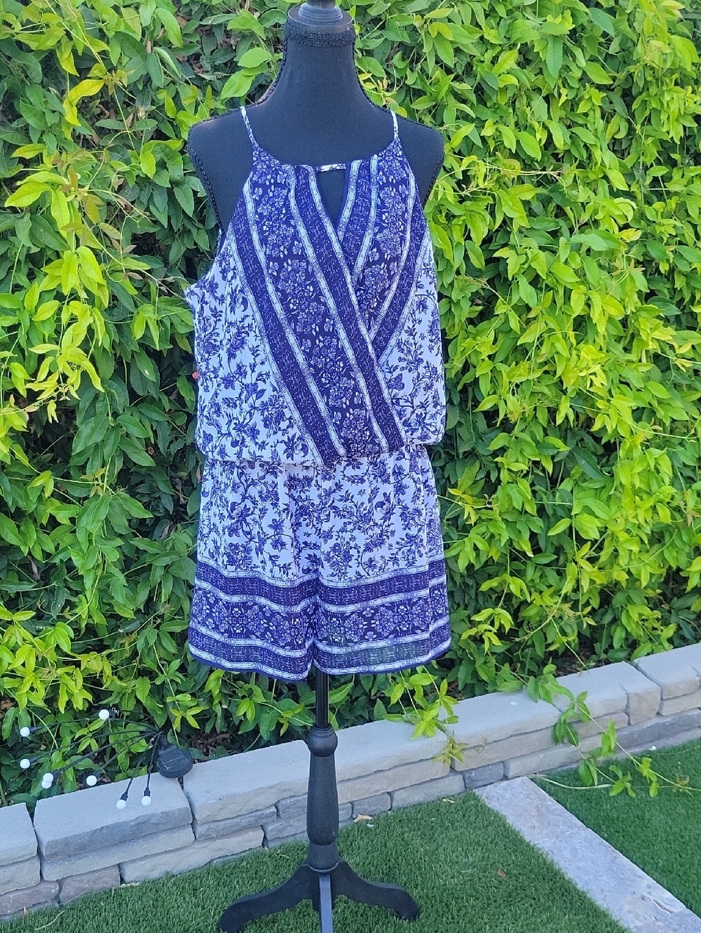Navy and White Patterned Wrap Top Shorts Romper